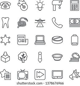 Thin Line Icon Set - runway vector, tie, tree, hose, pills, tooth, cash, package, flame disk, tv, favorites list, low battery, fast forward, call, news, calculator, notebook pc, water supply, phone