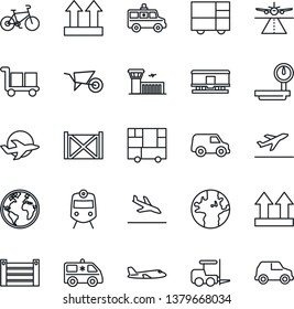 Thin Line Icon Set - runway vector, departure, arrival, train, fork loader, plane, airport building, wheelbarrow, ambulance car, bike, earth, container, consolidated cargo, up side sign, railroad