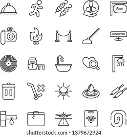 Thin Line Icon Set - runway vector, fence, suitcase, fire, hoe, drip irrigation, heart diagnostic, run, client, sea port, no trolley, vinyl, camera, rent, bathroom, dish, reserved, kebab, water