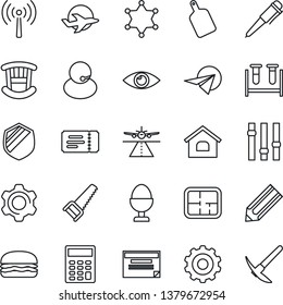 Thin Line Icon Set - runway vector, antenna, ticket, gear, pen, pencil, saw, blood test vial, eye, plane, support, shield, settings, calculator, house, plan, children room, egg stand, hamburger
