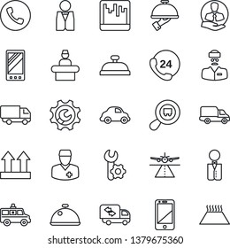 Thin Line Icon Set - runway vector, phone, reception, ambulance car, doctor, 24 hours, client, delivery, up side sign, search cargo, cell, mobile, scanner, root setup, moving, waiter, dish