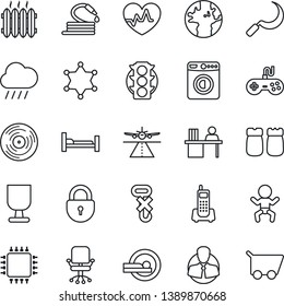 Thin Line Icon Set - runway vector, baby, washer, lock, office chair, rain, hose, sickle, heart pulse, tomography, hospital bed, earth, traffic light, phone, client, fragile, no hook, vinyl, gamepad