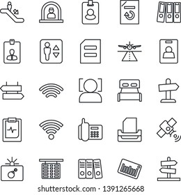 Thin Line Icon Set - runway vector, elevator, escalator, signpost, bomb in case, reception, flight table, identity card, document, reload, pulse clipboard, office phone, barcode, satellite, wireless