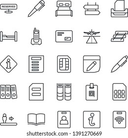 Thin Line Icon Set - runway vector, escalator, signpost, book, pen, document, office phone, mail, sim, notes, identity card, paper binder, tray, bedroom, reserved, information, pass