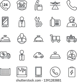 Thin Line Icon Set - runway vector, phone, reception bell, baby room, ambulance car, office, 24 hours, support, client, cargo container, delivery, mobile, call, scanner, root setup, moving, waiter