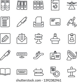 Thin Line Icon Set - runway vector, satellite antenna, escalator, signpost, reception, identity card, book, pen, document, reload, mail, notes, paper binder, tray, reserved, pass, guidepost