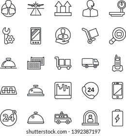 Thin Line Icon Set - runway vector, taxi, 24 around, reception bell, ambulance car, office phone, hours, client, cargo container, delivery, up side sign, heavy scales, search, cell, mobile, scanner