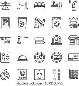Thin Line Icon Set - runway vector, antenna, satellite, fence, parking, barrier, spoon and fork, passport control, elevator, no laptop, trash bin, signpost, male, waiting area, vip, credit card