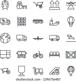 Thin Line Icon Set - runway vector, arrival, airport bus, train, waiting area, ladder car, plane, seat map, wheelbarrow, bike, earth, sea shipping, delivery, port, container, consolidated cargo