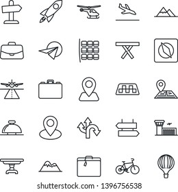 Thin Line Icon Set - runway vector, taxi, arrival, suitcase, signpost, reception bell, helicopter, seat map, airport building, case, picnic table, bike, route, navigation, pin, compass, mountains