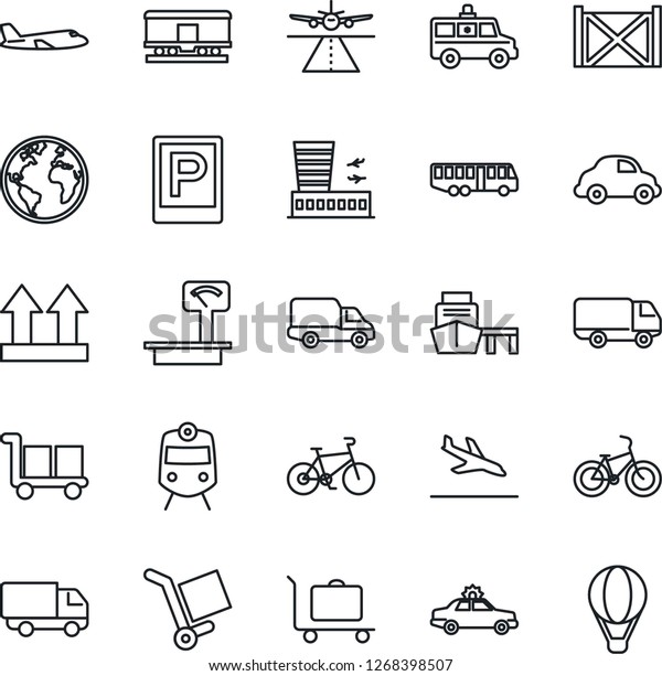 Thin Line Icon Set - runway vector, arrival, baggage\
trolley, airport bus, parking, train, alarm car, plane, building,\
ambulance, bike, earth, delivery, sea port, container, cargo, up\
side sign
