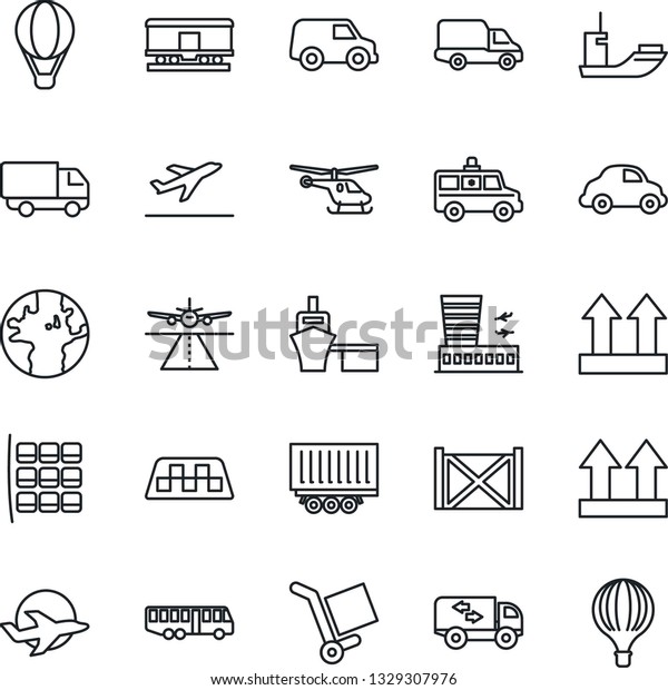 Thin Line Icon Set - runway vector, taxi,\
departure, airport bus, helicopter, seat map, building, ambulance\
car, earth, plane, sea shipping, truck trailer, delivery, port,\
container, cargo,\
railroad