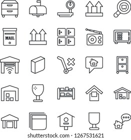 Thin Line Icon Set - safe vector, checkroom, bird house, fragile, warehouse storage, up side sign, no trolley, heavy scales, search cargo, rack, radio, blank box, archive, mailbox, home message