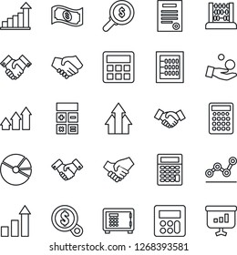 Thin Line Icon Set - safe vector, handshake, growth statistic, calculator, abacus, pie graph, point, contract, arrow up, money search, investment, cash, presentation