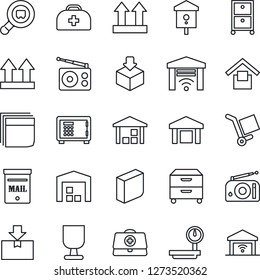 Thin Line Icon Set - safe vector, bird house, doctor case, fragile, cargo, warehouse storage, up side sign, package, heavy scales, search, radio, blank box, archive, mailbox, garage gate control