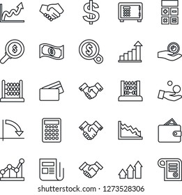 Thin Line Icon Set - safe vector, handshake, growth statistic, dollar sign, calculator, abacus, crisis graph, news, point, credit card, arrow up, wallet, money search, investment, cash, contract