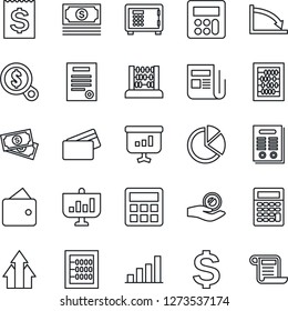 Thin Line Icon Set - safe vector, dollar sign, abacus, cash, receipt, news, calculator, bar graph, pie, contract, credit card, arrow up, wallet, crisis, money search, investment, presentation