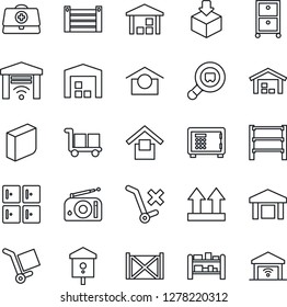 Thin Line Icon Set - safe vector, checkroom, bird house, doctor case, container, cargo, warehouse storage, up side sign, no trolley, package, search, rack, radio, blank box, archive