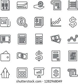 Thin Line Icon Set - safe vector, dollar sign, calculator, abacus, cash, receipt, news, point graph, contract, credit card, arrow up, wallet, growth, money search, investment, presentation
