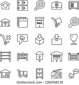 Thin Line Icon Set - safe vector, checkroom, bird house, doctor case, container, fragile, cargo, warehouse storage, no trolley, package, search, rack, radio, blank box, archive, mailbox