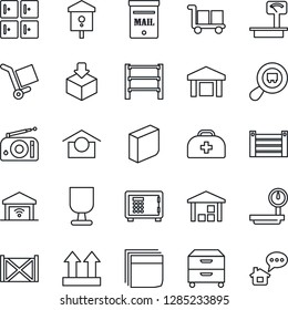 Thin Line Icon Set - safe vector, checkroom, bird house, doctor case, container, fragile, cargo, warehouse storage, up side sign, package, heavy scales, search, rack, radio, blank box, archive