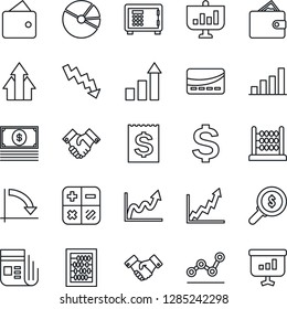 Thin Line Icon Set - safe vector, handshake, growth statistic, dollar sign, calculator, abacus, crisis graph, receipt, news, bar, pie, point, credit card, arrow up, wallet, money search, cash