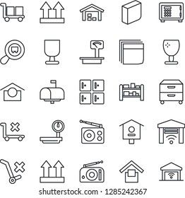 Thin Line Icon Set - safe vector, checkroom, bird house, fragile, cargo, warehouse storage, up side sign, no trolley, heavy scales, search, rack, radio, blank box, archive, mailbox