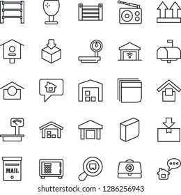 Thin Line Icon Set - safe vector, bird house, doctor case, container, fragile, warehouse storage, up side sign, package, heavy scales, search cargo, rack, radio, blank box, mailbox, home message