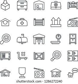 Thin Line Icon Set - safe vector, checkroom, doctor case, container, fragile, warehouse storage, up side sign, no trolley, package, heavy scales, search cargo, rack, radio, archive box, mailbox