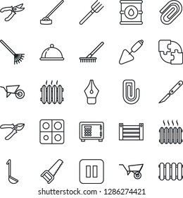 Thin Line Icon Set - safe vector, trowel, farm fork, rake, wheelbarrow, pruner, saw, hoe, scalpel, container, oil barrel, pause button, application, paper clip, ink pen, heater, dish, ladle