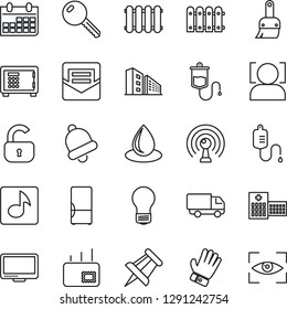 Thin Line Icon Set - safe vector, drawing pin, bulb, calendar, glove, water drop, dropper, hospital, car delivery, antenna, monitor, themes, bell, mail, face id, music, fence, office building, key