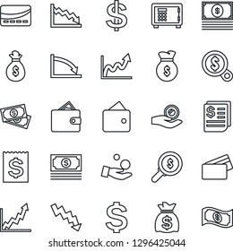 Thin Line Icon Set - safe vector, dollar sign, money bag, crisis graph, cash, receipt, credit card, wallet, growth, search, investment