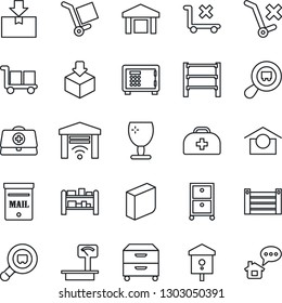 Thin Line Icon Set - safe vector, bird house, doctor case, container, fragile, cargo, warehouse storage, no trolley, package, heavy scales, search, rack, blank box, archive, mailbox, home message
