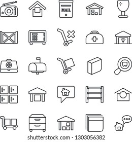 Thin Line Icon Set - safe vector, checkroom, doctor case, container, fragile, cargo, warehouse storage, no trolley, search, rack, radio, blank box, archive, mailbox, garage gate control