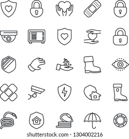 Thin Line Icon Set - safe vector, lock, glove, boot, hose, patch, heart shield, hand, umbrella, protect, eye id, estate insurance, home, surveillance, palm sproute, crisis management