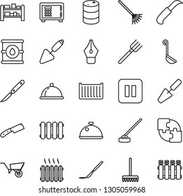 Thin Line Icon Set - safe vector, trowel, farm fork, rake, wheelbarrow, hoe, garden knife, scalpel, cargo container, oil barrel, rack, pause button, application, ink pen, heater, dish, ladle