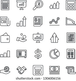 Thin Line Icon Set - safe vector, growth statistic, dollar sign, abacus, cash, receipt, news, calculator, bar graph, pie, point, handshake, contract, arrow up, wallet, crisis, money search