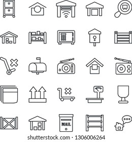 Thin Line Icon Set - safe vector, bird house, container, fragile, warehouse storage, up side sign, no trolley, heavy scales, search cargo, rack, radio, blank box, archive, mailbox, home message