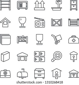 Thin Line Icon Set - safe vector, checkroom, bird house, doctor case, container, fragile, cargo, warehouse storage, up side sign, heavy scales, search, rack, radio, blank box, archive, mailbox