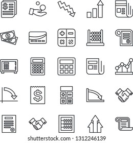 Thin Line Icon Set - safe vector, handshake, growth statistic, calculator, crisis graph, cash, receipt, news, abacus, point, contract, credit card, arrow up, investment