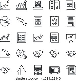 Thin Line Icon Set - safe vector, handshake, calculator, abacus, crisis graph, receipt, news, pie, point, contract, arrow up, growth, money search, presentation