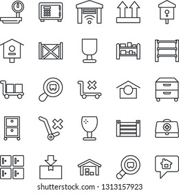 Thin Line Icon Set - safe vector, checkroom, bird house, doctor case, container, fragile, cargo, warehouse storage, up side sign, no trolley, package, heavy scales, search, rack, archive box