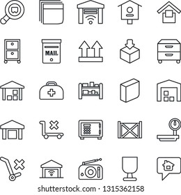 Thin Line Icon Set - safe vector, bird house, doctor case, container, fragile, warehouse storage, up side sign, no trolley, package, heavy scales, search cargo, rack, radio, blank box, archive