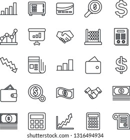 Thin Line Icon Set - safe vector, handshake, dollar sign, crisis graph, cash, news, calculator, bar, abacus, point, contract, credit card, wallet, growth, money search, presentation