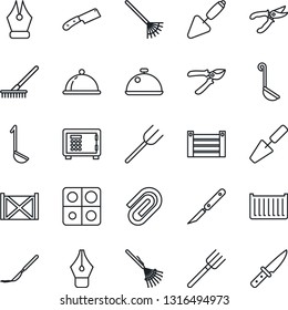 Thin Line Icon Set - safe vector, trowel, farm fork, rake, pruner, scalpel, cargo container, application, paper clip, ink pen, dish, ladle, knife