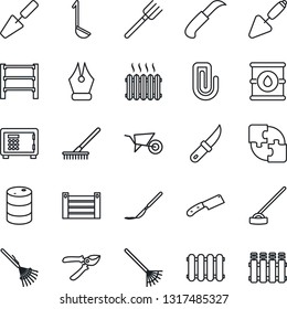 Thin Line Icon Set - safe vector, trowel, farm fork, rake, wheelbarrow, pruner, hoe, garden knife, scalpel, container, oil barrel, rack, application, paper clip, ink pen, heater, ladle, radiator