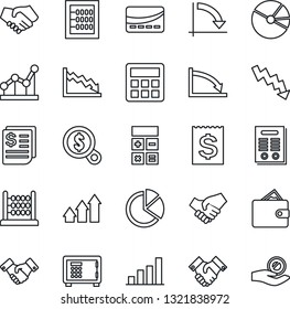 Thin Line Icon Set - safe vector, handshake, calculator, crisis graph, receipt, bar, pie, abacus, point, contract, credit card, arrow up, wallet, money search, investment