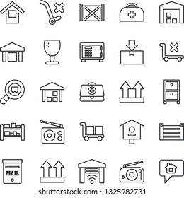 Thin Line Icon Set - safe vector, bird house, doctor case, container, fragile, cargo, warehouse storage, up side sign, no trolley, package, search, rack, radio, archive box, mailbox, home message