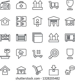 Thin Line Icon Set - safe vector, checkroom, bird house, doctor case, container, fragile, cargo, warehouse storage, up side sign, no trolley, package, heavy scales, search, rack, radio, blank box