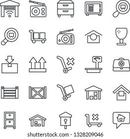 Thin Line Icon Set - safe vector, bird house, doctor case, container, fragile, cargo, warehouse storage, up side sign, no trolley, package, heavy scales, search, radio, archive box, home message